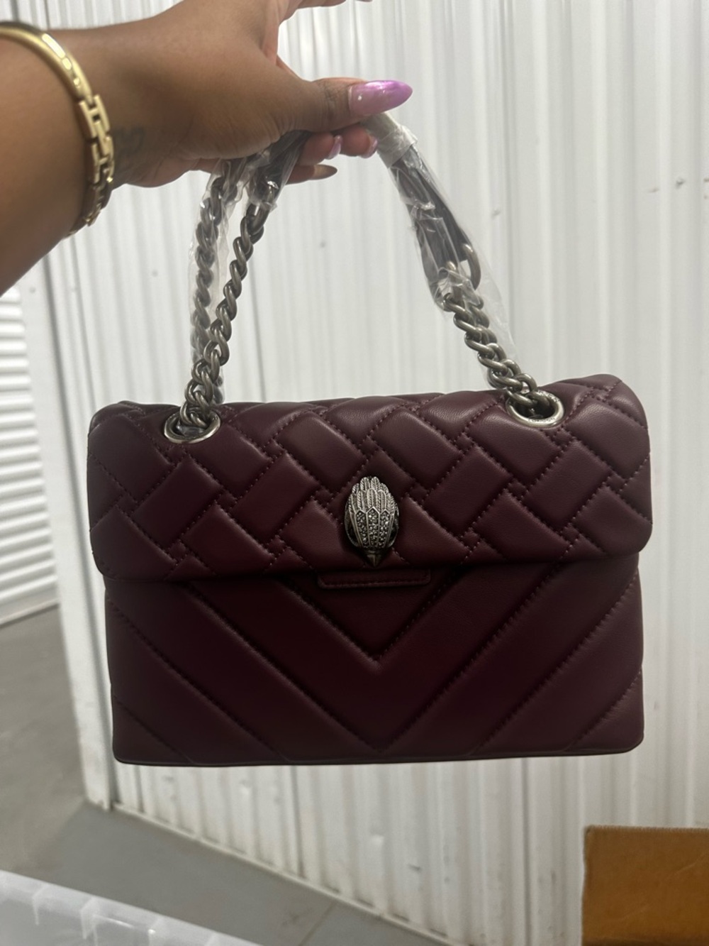 Kurt Geiger Quilted Shoulder Bag in Burgundy with Silver Chain